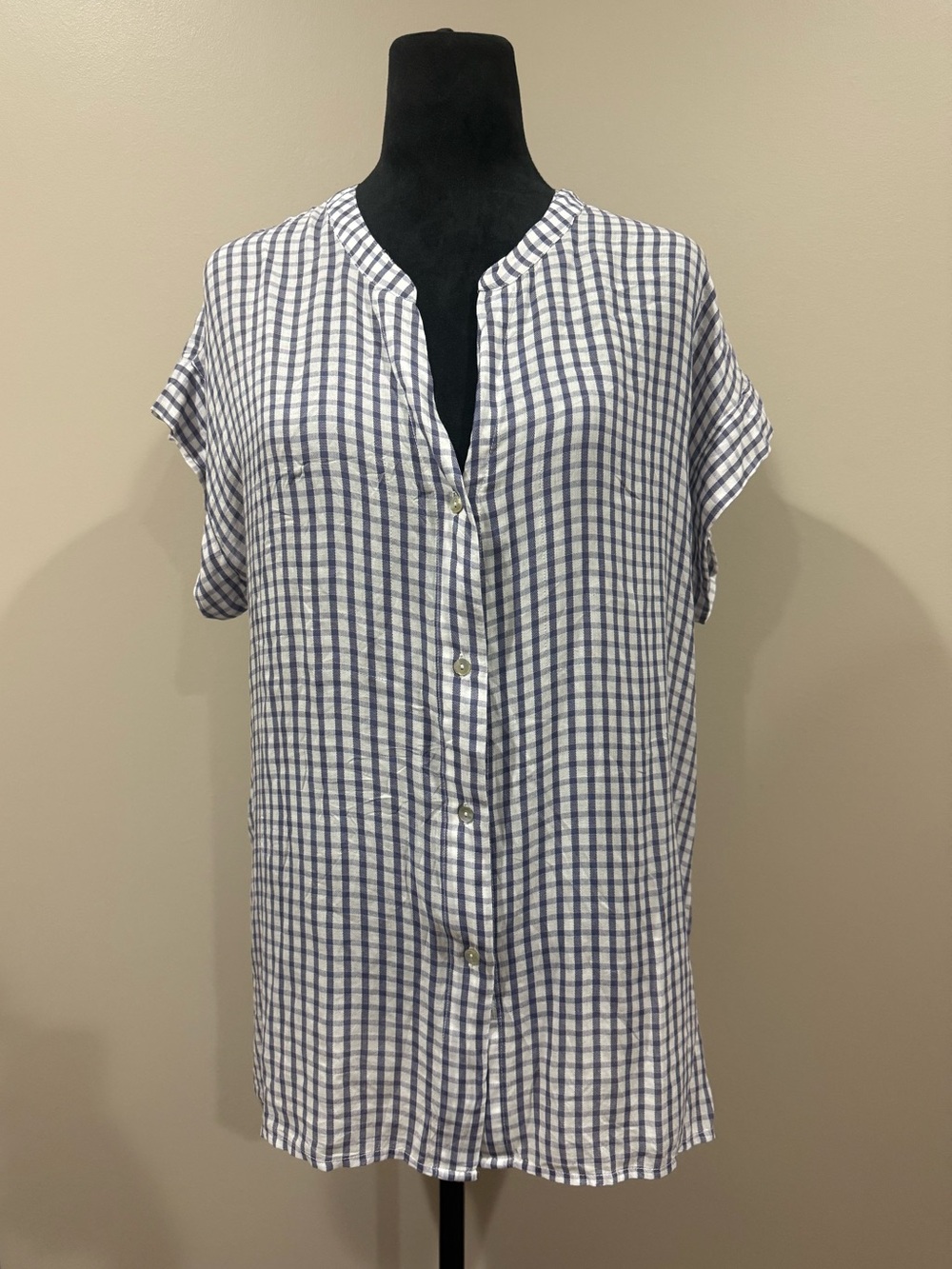 RAILS Mel Navy Gingham Short Sleeve Button Up Top - Large
